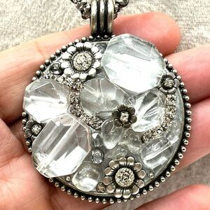 Abstract Art Michal Golan Pendant Necklace Silver Plated Crystals Glass Floral